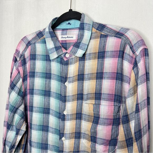 TOMMY BAHAMA / Polynesian Plaid Linen Shirt pink white blue plaid button up / M - Picture 3 of 7